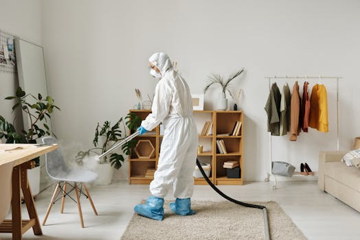 A worker in protective gear disinfecting a modern living room with a fogger.