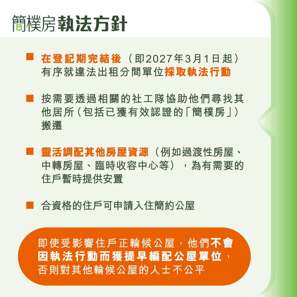 簡樸房執法方針 在登記期完結後（即2027年3月1日起） 有序就違法出租分間單位採取執法行動 按需要透過相關的社工隊協助他們尋找其 他居所（包括已獲有效認證的「簡樸房」） 搬遷 靈活調配其他房屋資源（例如過渡性房屋、 中轉房屋、臨時收容中心等），為有需要的 住戶暫時提供安置 合資格的住戶可申請入住簡約公屋 即使受影響住戶正輪候公屋，他們不會 因執法行動而獲提早編配公屋單位， 否則對其他輪候公屋的人士不公平